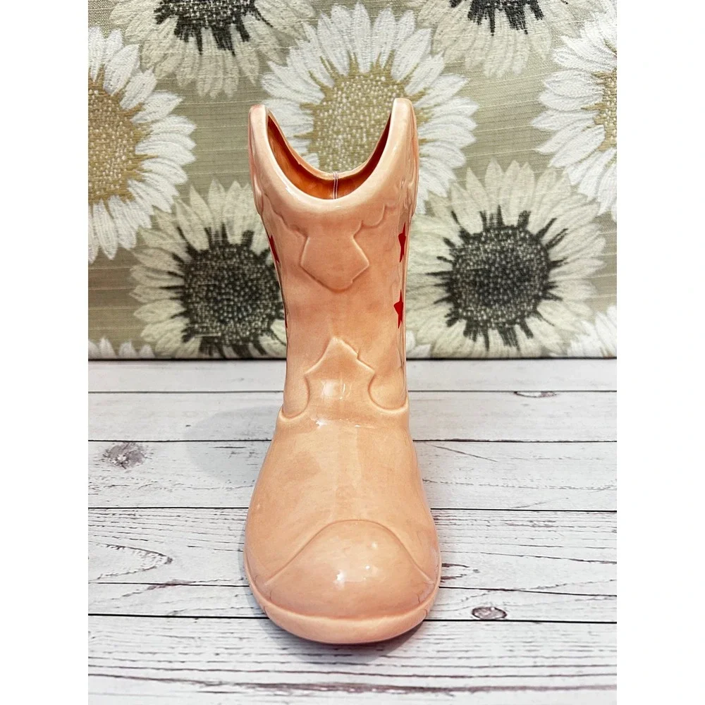 Timeless Beauty Ceramic‎ Cowboy Boot Vase Peach with Red Stars Western Decor